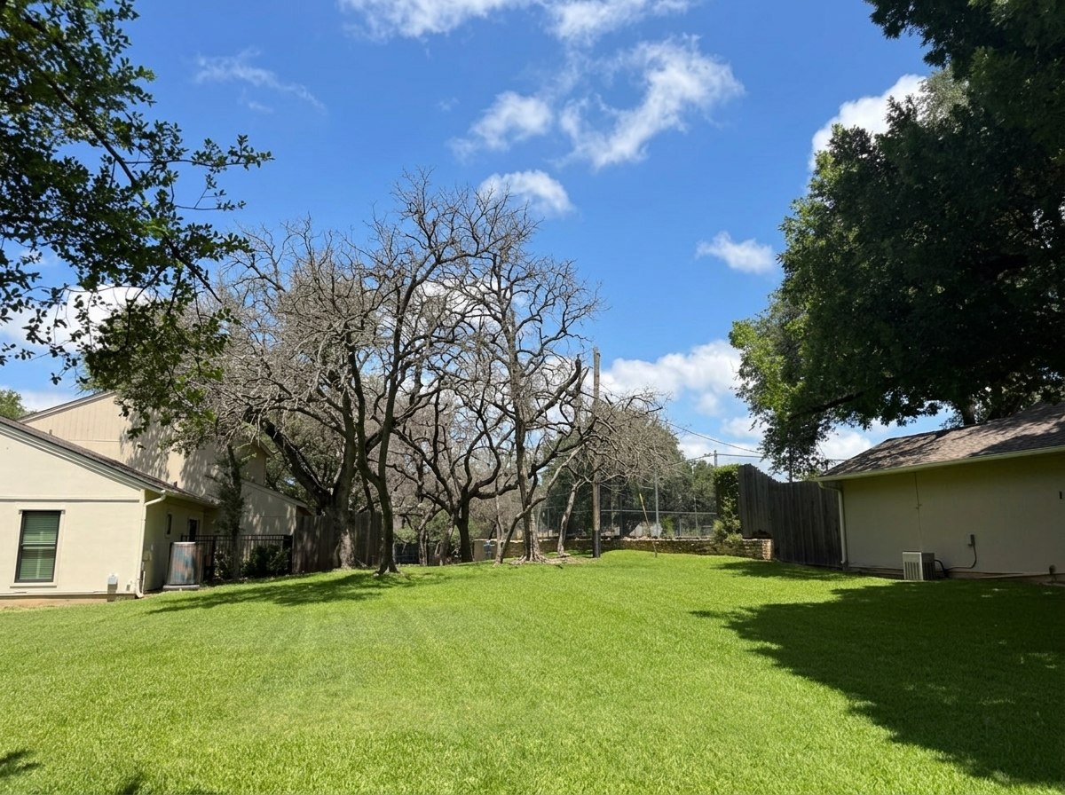 Photo illustration: the same backyard live oak digitally edited to show a bare, dead canopy as advanced oak wilt would leave it